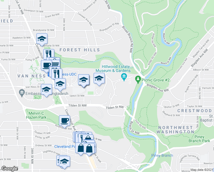 map of restaurants, bars, coffee shops, grocery stores, and more near 2510 Upton Street Northwest in Washington