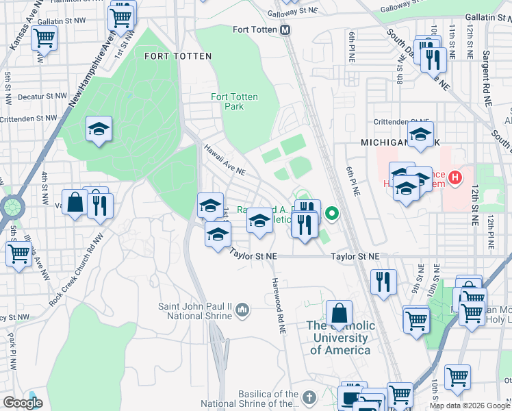 map of restaurants, bars, coffee shops, grocery stores, and more near 4407 2nd Street Northeast in Washington