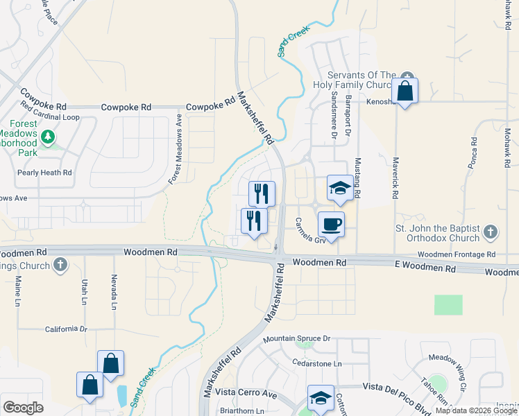 map of restaurants, bars, coffee shops, grocery stores, and more near 7749 Frigid Air Pt in Colorado Springs