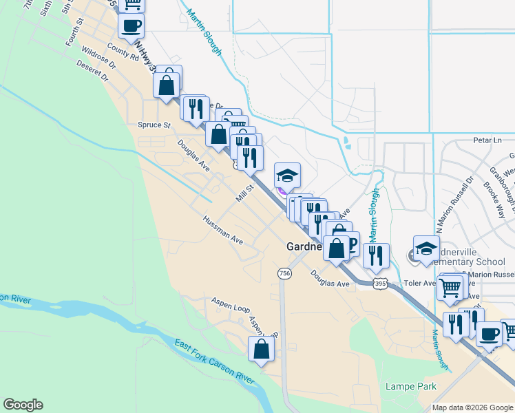 map of restaurants, bars, coffee shops, grocery stores, and more near 1462 Douglas Avenue in Gardnerville
