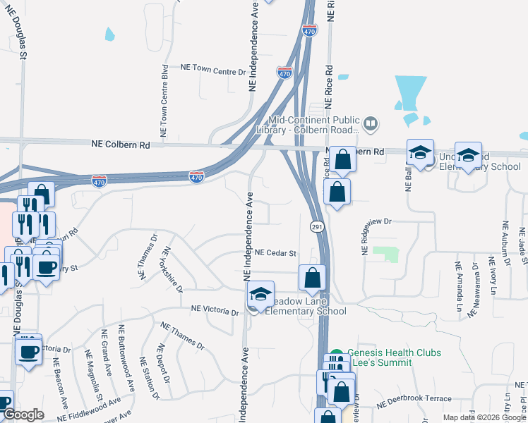map of restaurants, bars, coffee shops, grocery stores, and more near 1704 Northeast Balboa Street in Lee's Summit