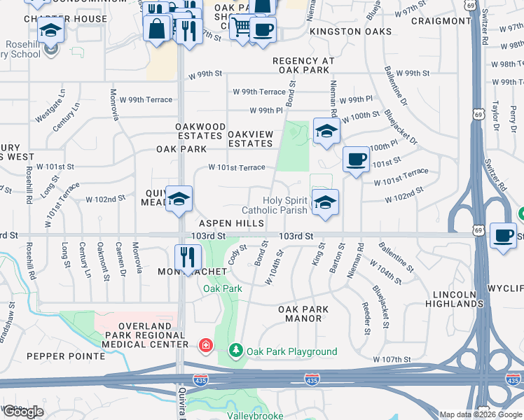 map of restaurants, bars, coffee shops, grocery stores, and more near 10261 Cody Street in Overland Park