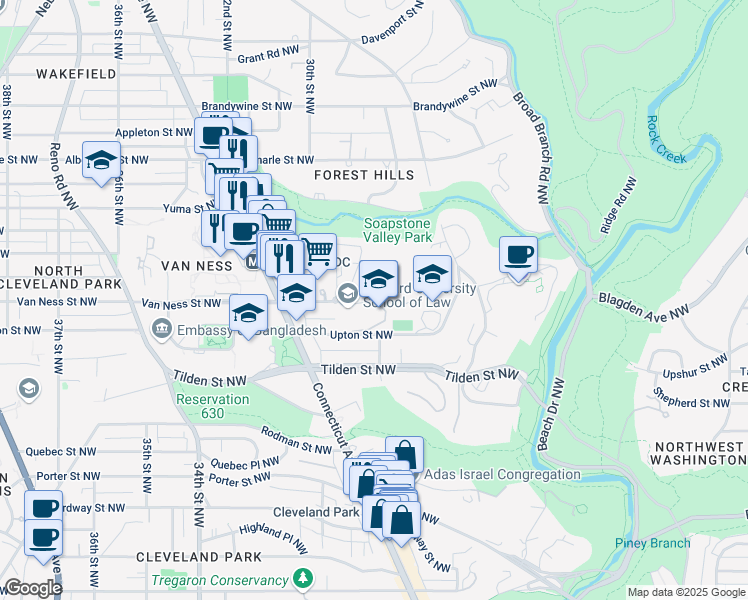 map of restaurants, bars, coffee shops, grocery stores, and more near 2929 Van Ness Street Northwest in Washington