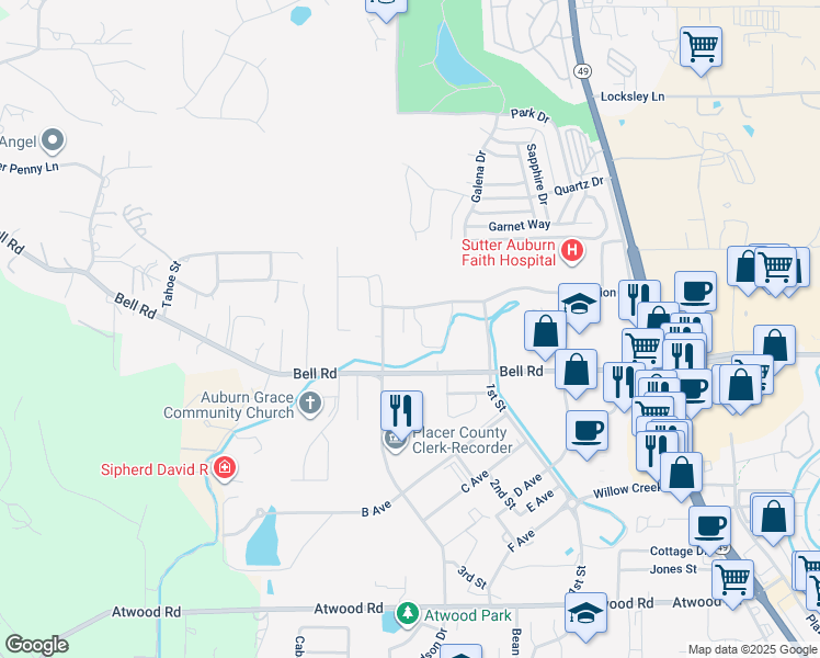 map of restaurants, bars, coffee shops, grocery stores, and more near 11550 Education Street in Auburn