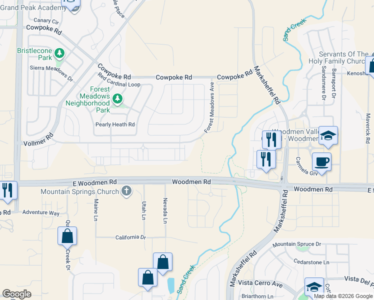 map of restaurants, bars, coffee shops, grocery stores, and more near 8336 Hardwood Circle in Colorado Springs