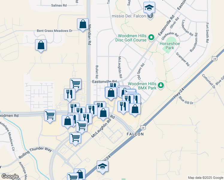 map of restaurants, bars, coffee shops, grocery stores, and more near 7602 Capel Point in Peyton