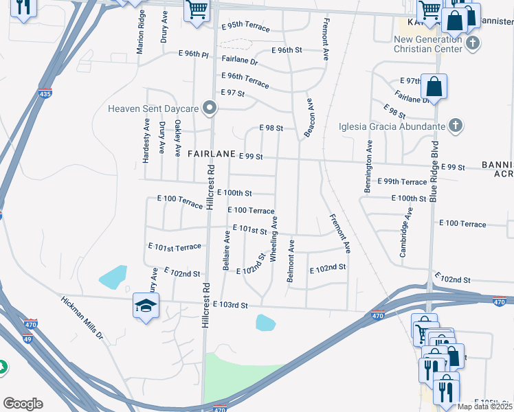 map of restaurants, bars, coffee shops, grocery stores, and more near 6002 East 100 Terrace in Kansas City