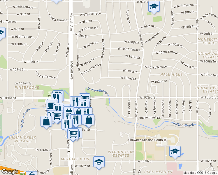 map of restaurants, bars, coffee shops, grocery stores, and more near 10240 Glenwood Street in Overland Park
