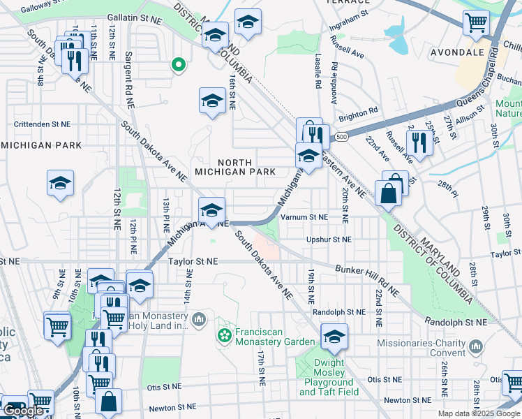 map of restaurants, bars, coffee shops, grocery stores, and more near 1655 Varnum Place Northeast in Washington