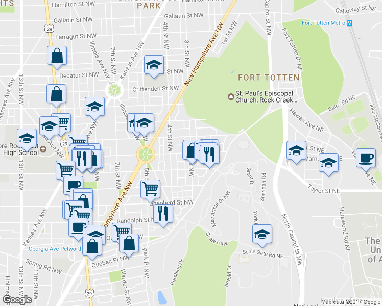 map of restaurants, bars, coffee shops, grocery stores, and more near 3rd Street Northwest & Varnum Street Northwest in Washington