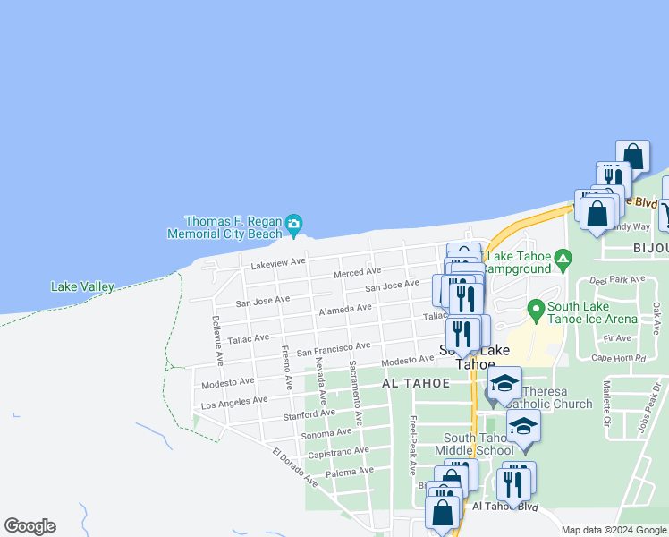 map of restaurants, bars, coffee shops, grocery stores, and more near 3173 Sacramento Avenue in South Lake Tahoe