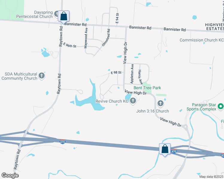 map of restaurants, bars, coffee shops, grocery stores, and more near 10611 East 98th Terrace in Kansas City