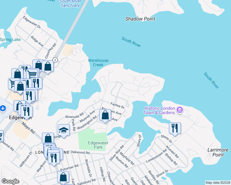 map of restaurants, bars, coffee shops, grocery stores, and more near 1180 South River Landing Road in Edgewater