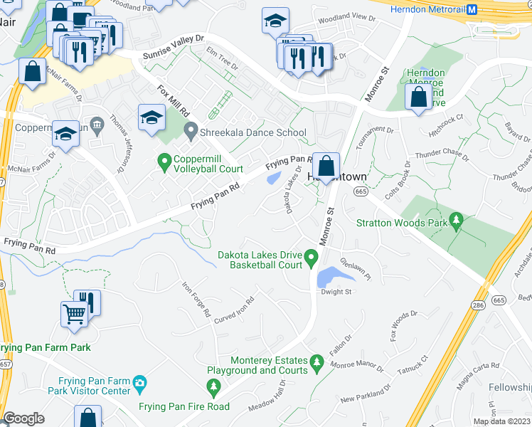 map of restaurants, bars, coffee shops, grocery stores, and more near 13082 Rose Petal Circle in Herndon
