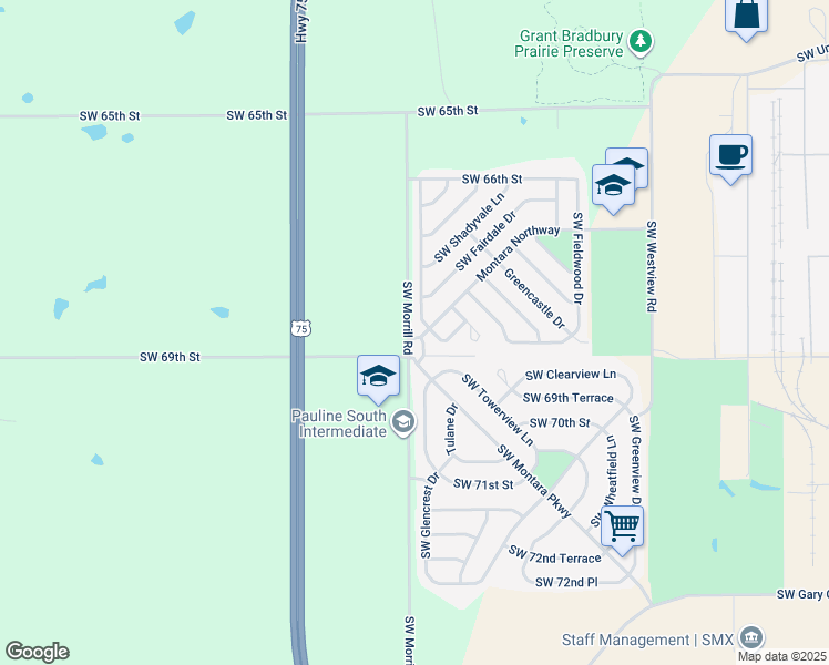 map of restaurants, bars, coffee shops, grocery stores, and more near 6833 Southwest Montara Northway in Topeka