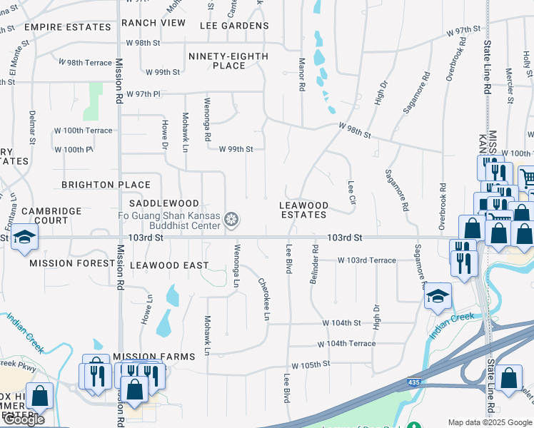map of restaurants, bars, coffee shops, grocery stores, and more near 10200 Ensley Lane in Leawood