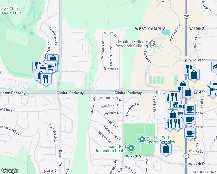 map of restaurants, bars, coffee shops, grocery stores, and more near 2222 Breckenridge Drive in Lawrence