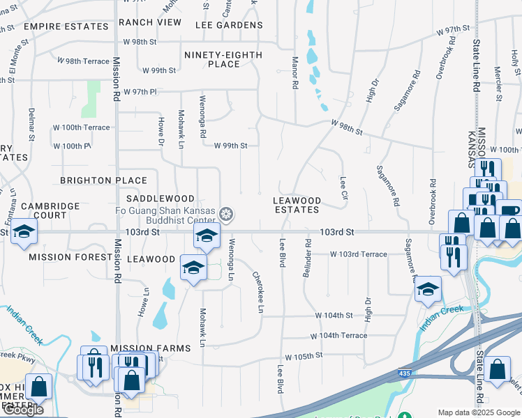 map of restaurants, bars, coffee shops, grocery stores, and more near 10200 Ensley Lane in Leawood