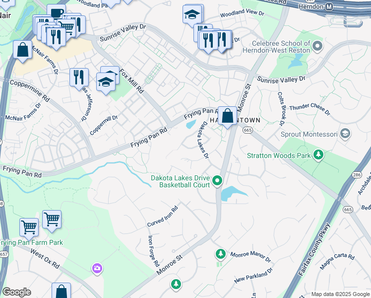 map of restaurants, bars, coffee shops, grocery stores, and more near 13082 Rose Petal Circle in Herndon