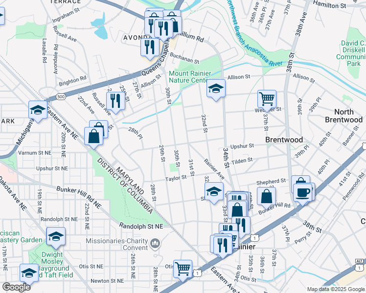map of restaurants, bars, coffee shops, grocery stores, and more near in Mount Rainier