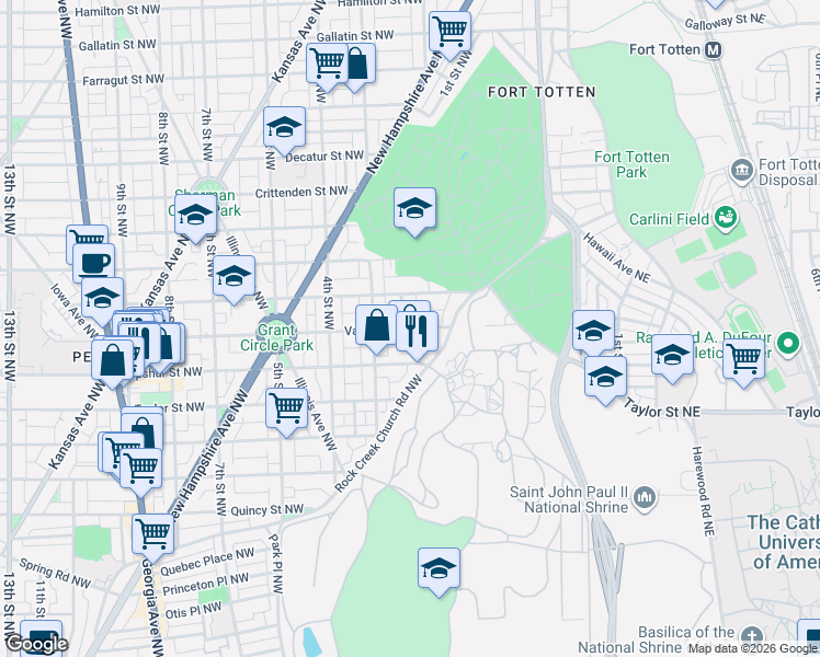 map of restaurants, bars, coffee shops, grocery stores, and more near Varnum Street Northwest & 2nd Street Northwest in Washington