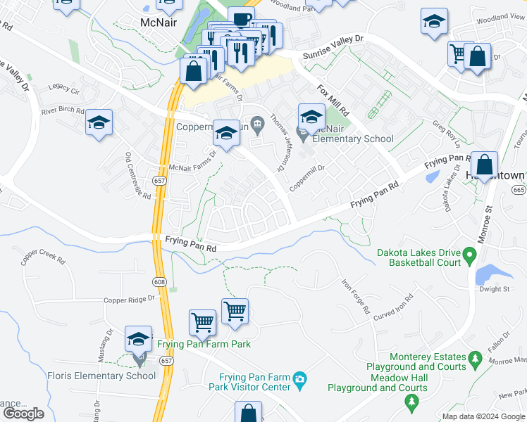 map of restaurants, bars, coffee shops, grocery stores, and more near 2550 James Madison Circle in Herndon