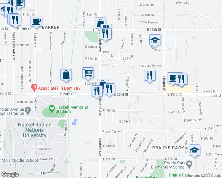 map of restaurants, bars, coffee shops, grocery stores, and more near 1040 East 23rd Street in Lawrence