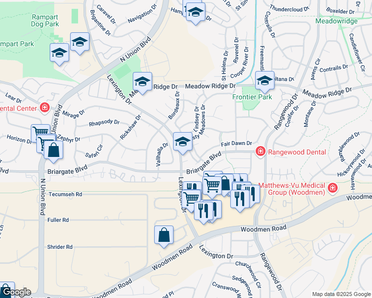 map of restaurants, bars, coffee shops, grocery stores, and more near 7644 Lexington Manor Drive in Colorado Springs