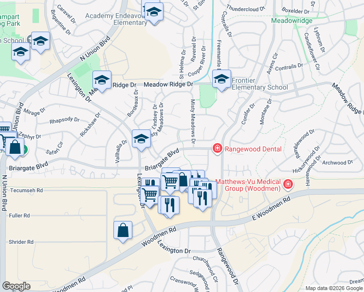 map of restaurants, bars, coffee shops, grocery stores, and more near 3475 Fair Dawn Drive in Colorado Springs