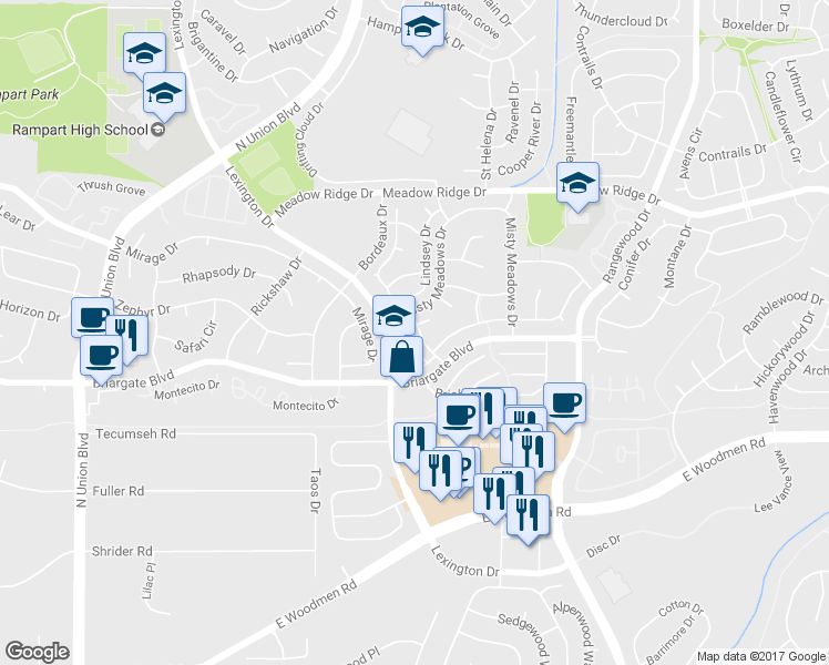 map of restaurants, bars, coffee shops, grocery stores, and more near 7651 Lexington Manor Drive in Colorado Springs