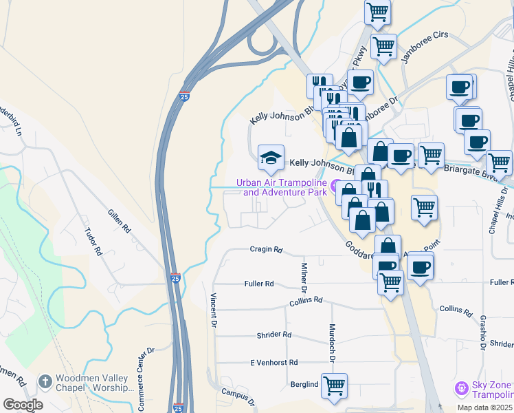 map of restaurants, bars, coffee shops, grocery stores, and more near 7755 Kaleb Grove in Colorado Springs