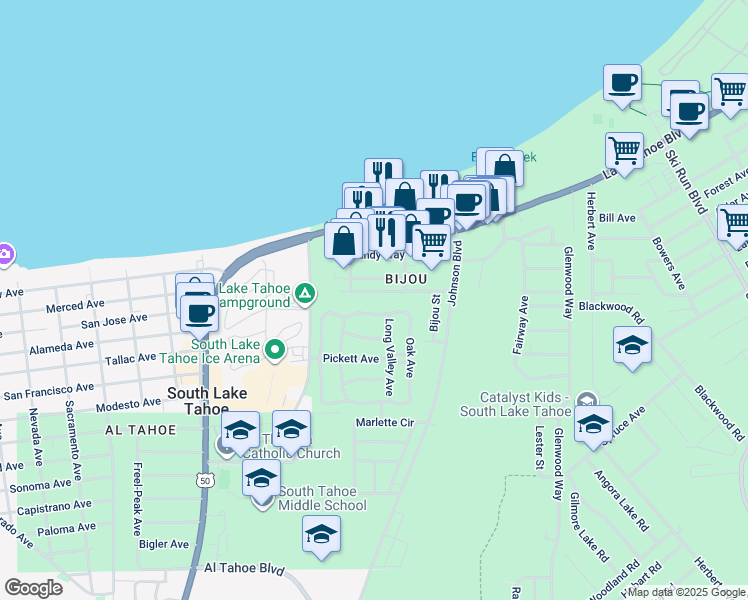 map of restaurants, bars, coffee shops, grocery stores, and more near 3347 Deer Park Avenue in South Lake Tahoe