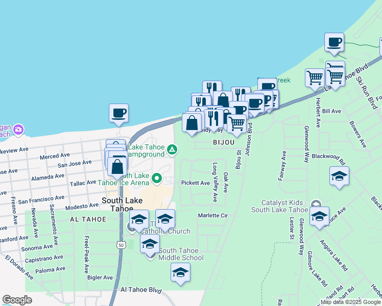 map of restaurants, bars, coffee shops, grocery stores, and more near 3303 Deer Park Avenue in South Lake Tahoe