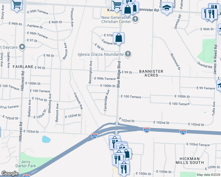 map of restaurants, bars, coffee shops, grocery stores, and more near 10008 Blue Ridge Boulevard in Kansas City