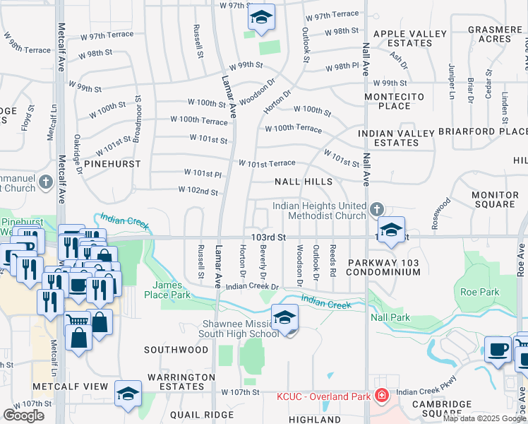 map of restaurants, bars, coffee shops, grocery stores, and more near 10216 Dearborn Drive in Overland Park