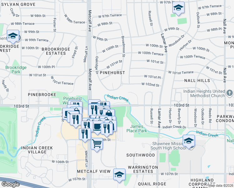 map of restaurants, bars, coffee shops, grocery stores, and more near 10211 Broadmoor Street in Overland Park