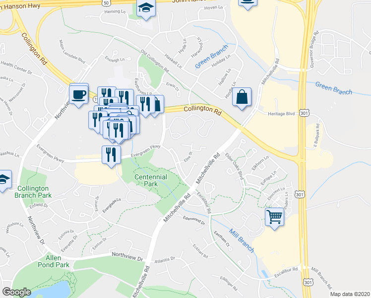 map of restaurants, bars, coffee shops, grocery stores, and more near 15917 Elf Stone Court in Bowie