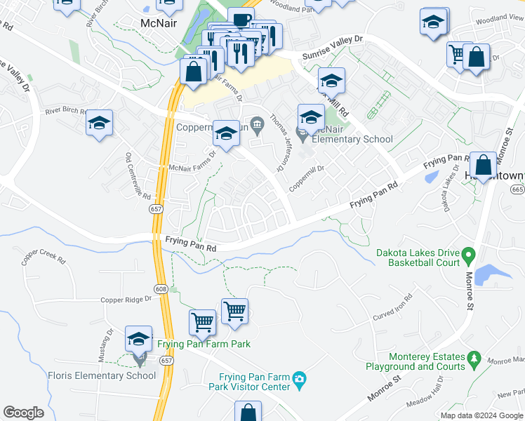 map of restaurants, bars, coffee shops, grocery stores, and more near 2552 James Madison Circle in Herndon