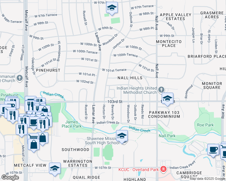map of restaurants, bars, coffee shops, grocery stores, and more near 10216 Dearborn Drive in Overland Park