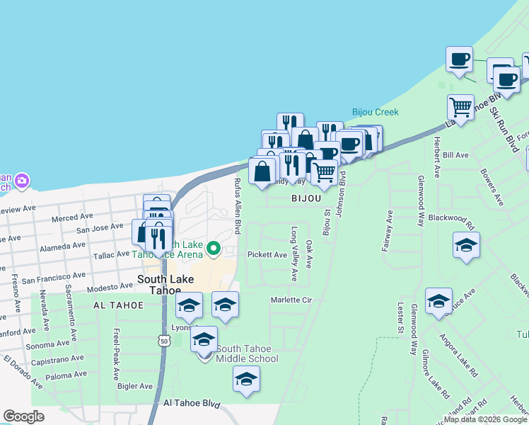 map of restaurants, bars, coffee shops, grocery stores, and more near 3303 Deer Park Avenue in South Lake Tahoe