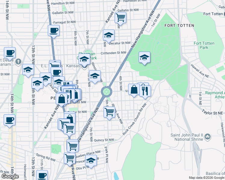 map of restaurants, bars, coffee shops, grocery stores, and more near 16 Grant Circle Northwest in Washington