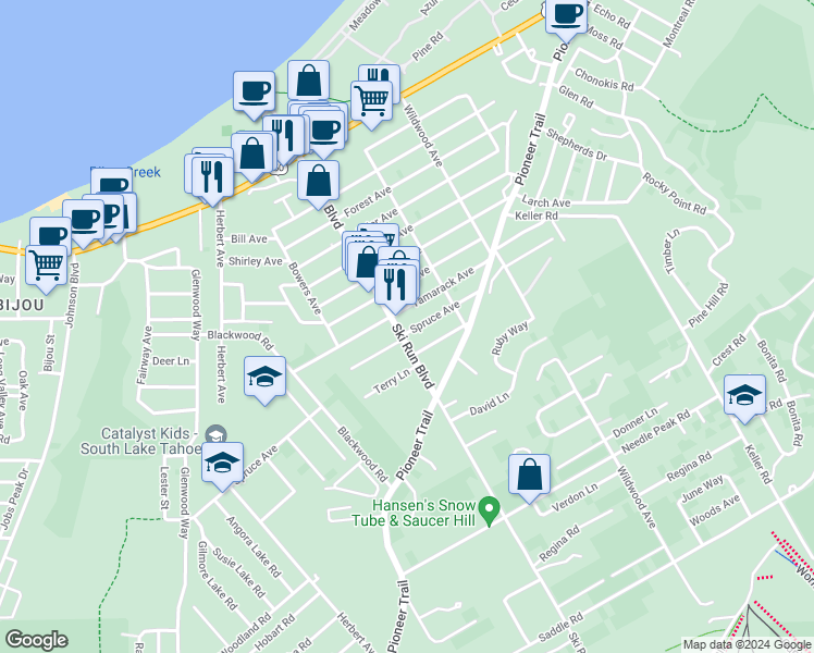 map of restaurants, bars, coffee shops, grocery stores, and more near 1181 Ski Run Boulevard in South Lake Tahoe