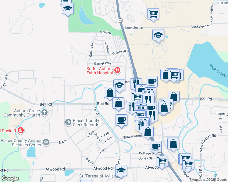 map of restaurants, bars, coffee shops, grocery stores, and more near 3237 Professional Drive in Auburn