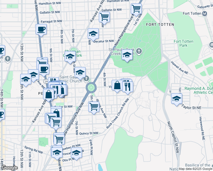 map of restaurants, bars, coffee shops, grocery stores, and more near 4301 4th Street Northwest in Washington