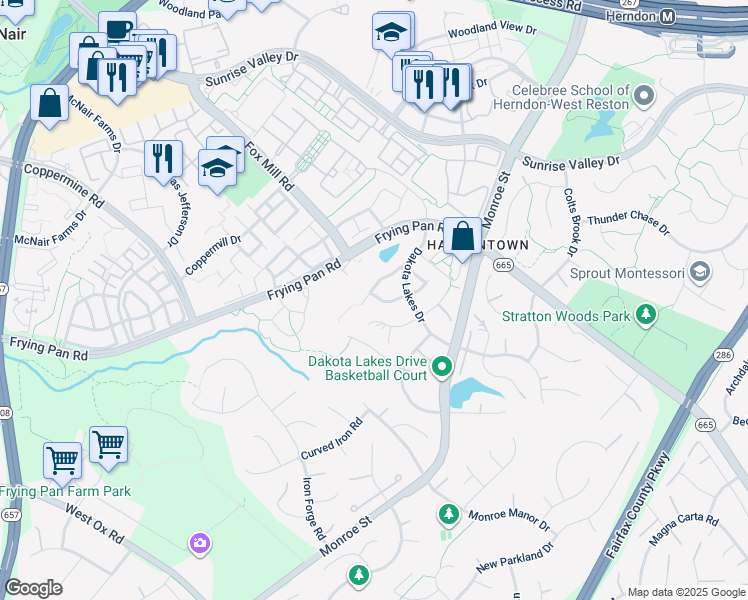 map of restaurants, bars, coffee shops, grocery stores, and more near 13078 Rose Petal Circle in Herndon