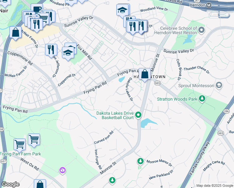 map of restaurants, bars, coffee shops, grocery stores, and more near 13078 Rose Petal Circle in Herndon