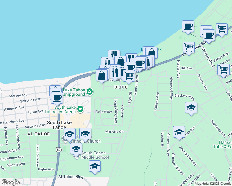 map of restaurants, bars, coffee shops, grocery stores, and more near 3347 Deer Park Avenue in South Lake Tahoe