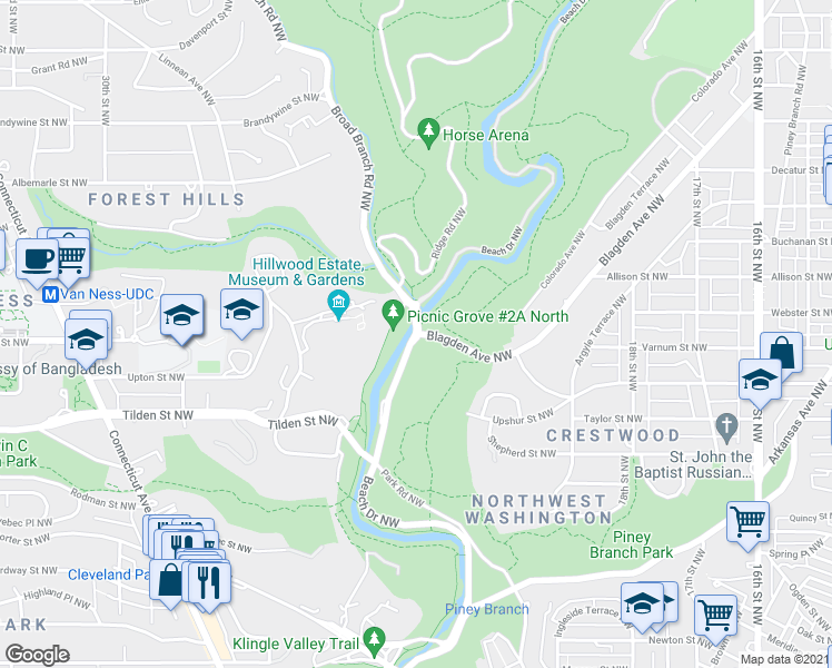 map of restaurants, bars, coffee shops, grocery stores, and more near Beach Drive Northwest & Blagden Avenue Northwest in Washington