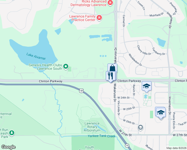 map of restaurants, bars, coffee shops, grocery stores, and more near 5000 Clinton Parkway in Lawrence