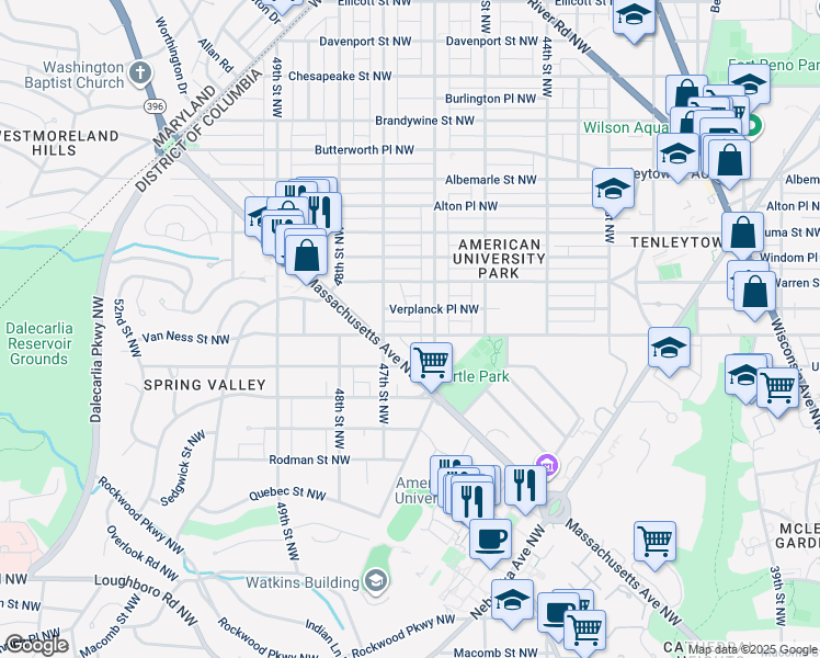 map of restaurants, bars, coffee shops, grocery stores, and more near 4619 Van Ness Street Northwest in Washington